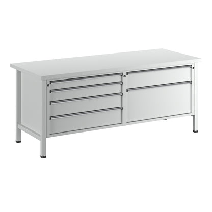 Workbench with XL/XXL drawers, frame construction, width 2000 mm, 6 drawers, universal worktop, front in light grey.