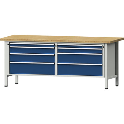 Workbench with XL/XXL drawers, frame construction, width 2000 mm, 8 drawers, solid beech worktop, front in gentian blue.