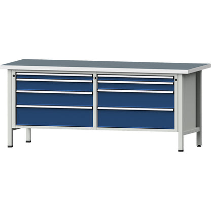 Workbench with XL/XXL drawers, frame construction, width 2000 mm, 8 drawers, universal worktop, front in gentian blue.