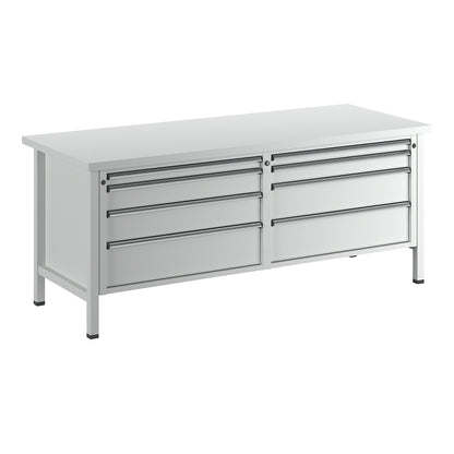 Workbench with XL/XXL drawers, frame construction, width 2000 mm, 8 drawers, universal worktop, front in light grey.
