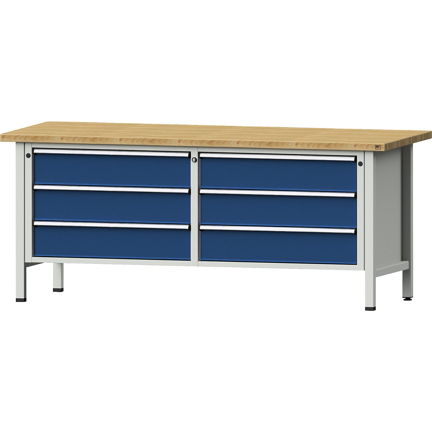 Workbench with XL/XXL drawers, frame construction, width 2000 mm, 6 x 180 mm drawers, solid beech worktop, front in gentian blue.