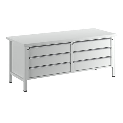 Workbench with XL/XXL drawers, frame construction, width 2000 mm, 6 x 180 mm drawers, universal worktop, front in light grey.