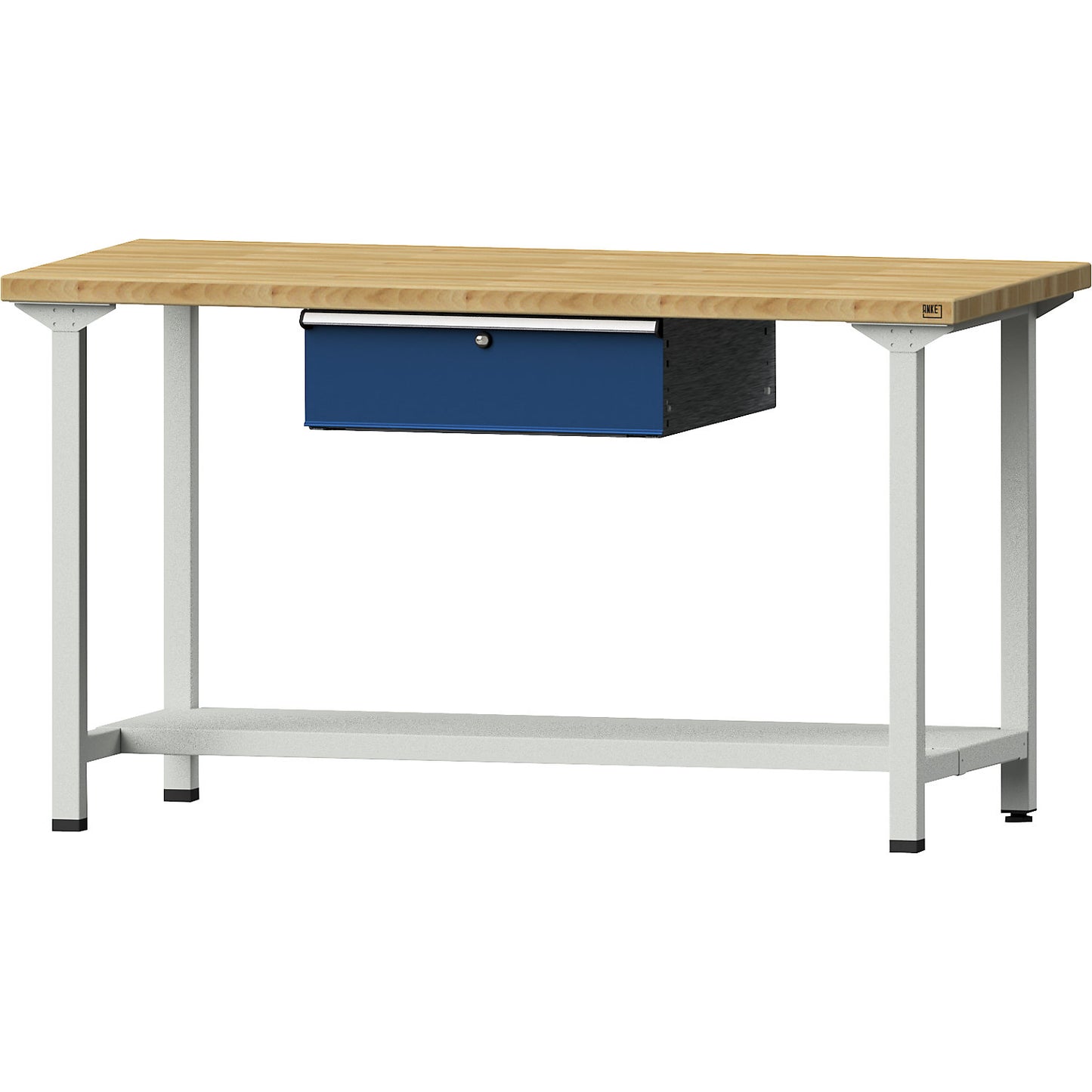 Workbench, Series V frame construction, 1 drawer, 1 shelf, width 1500 mm, solid beech worktop.