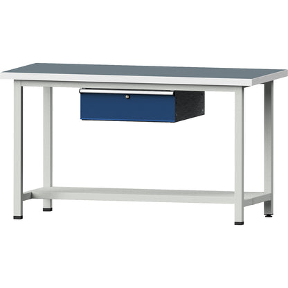 Workbench, Series V frame construction, 1 drawer, 1 shelf, width 1500 mm, universal worktop.