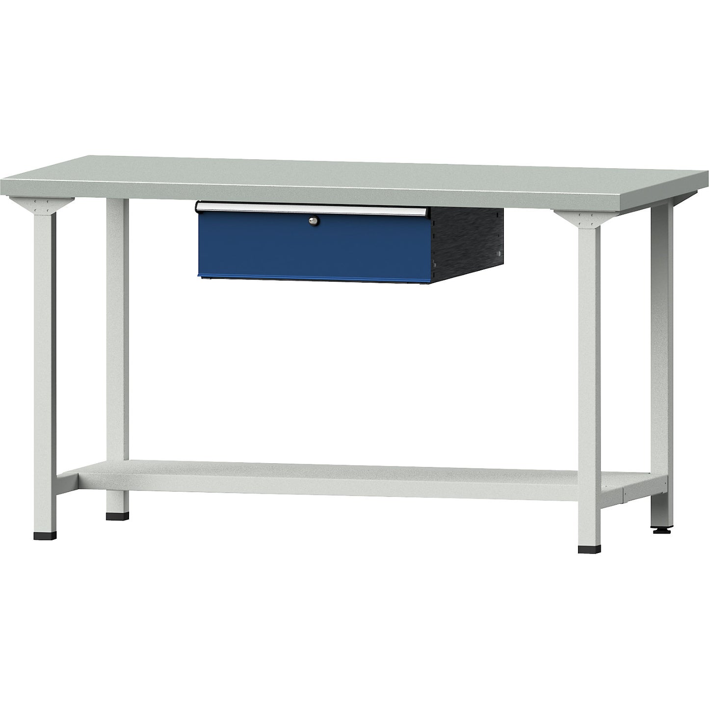Workbench, Series V frame construction, 1 drawer, 1 shelf, width 1500 mm, sheet steel covered worktop.