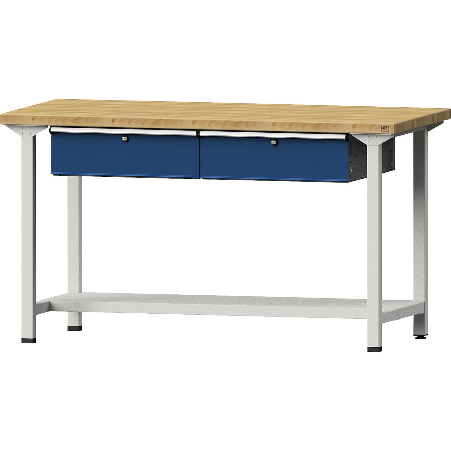 Workbench, Series V frame construction, 2 drawers, 1 shelf, width 1500 mm, solid beech worktop.