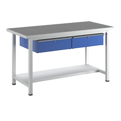 Workbench, Series V frame construction, 2 drawers, 1 shelf, width 1500 mm, universal worktop.