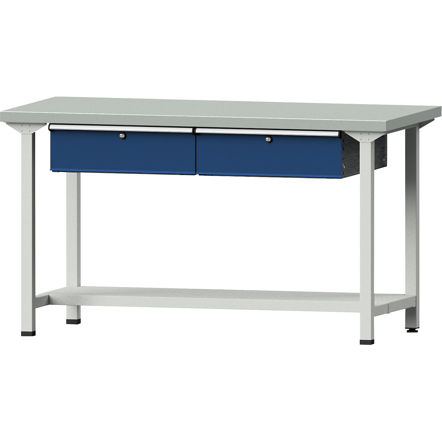 Workbench, Series V frame construction, 2 drawers, 1 shelf, width 1500 mm, sheet steel covered worktop.