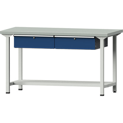 Workbench, Series V frame construction, 2 drawers, 1 shelf, width 1500 mm, sheet steel covered worktop.