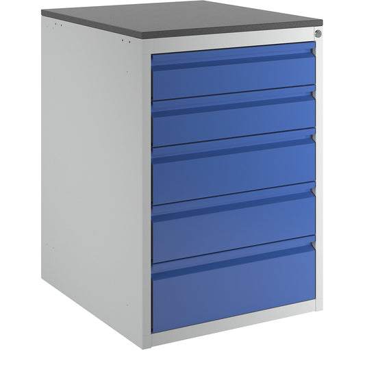 Drawer cupboard with telescopic guides, height 820 mm, drawers: 2 x 120, 2 x 150, 1 x 180 mm, light grey / gentian blue, width 580 mm.