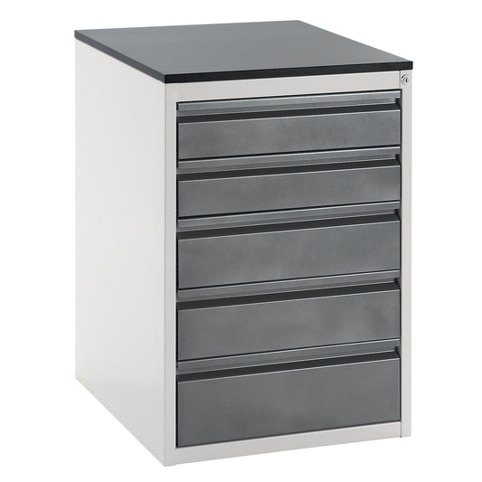 Drawer cupboard with telescopic guides, height 820 mm, drawers: 2 x 120, 2 x 150, 1 x 180 mm, light grey / metallic charcoal, width 580 mm.