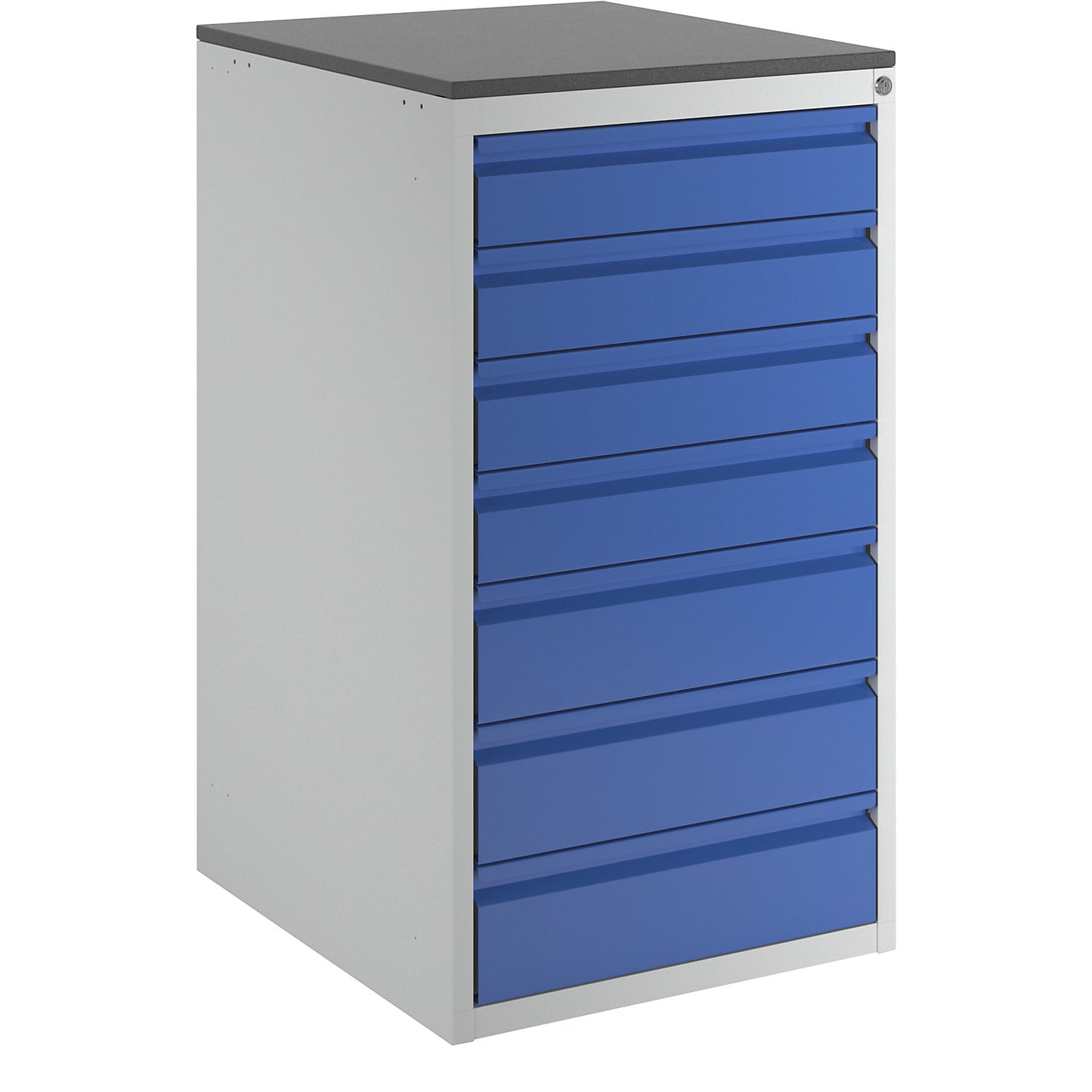 Drawer cupboard with telescopic guides, height 1030 mm, drawers: 4 x 120, 3 x 150 mm, light grey / gentian blue, width 580 mm.