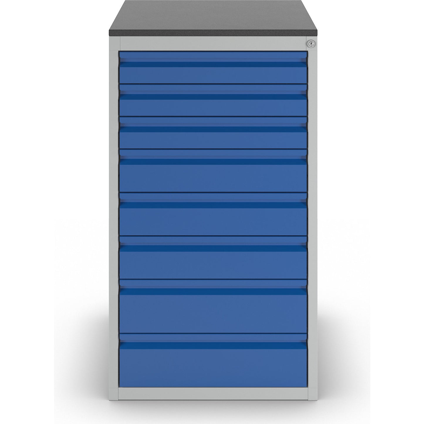Drawer cupboard with telescopic guides, height 1030 mm, drawers: 3 x 90, 3 x 120, 2 x 150 mm, light grey / gentian blue, width 580 mm.
