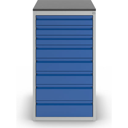 Drawer cupboard with telescopic guides, height 1030 mm, drawers: 3 x 90, 3 x 120, 2 x 150 mm, light grey / gentian blue, width 580 mm.