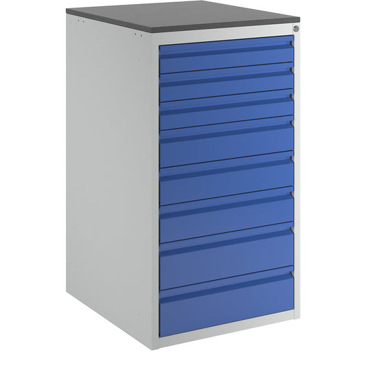 Drawer cupboard with telescopic guides, height 1030 mm, drawers: 3 x 90, 3 x 120, 2 x 150 mm, light grey / gentian blue, width 580 mm.