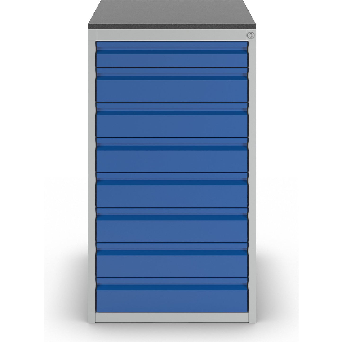 Drawer cupboard with telescopic guides, height 1030 mm, drawers: 1 x 90, 7 x 120 mm, light grey / gentian blue, width 580 mm.