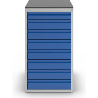 Drawer cupboard with telescopic guides, height 1030 mm, drawers: 1 x 90, 7 x 120 mm, light grey / gentian blue, width 580 mm.
