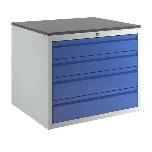 Drawer cupboard with telescopic guides, height 640 mm, drawers: 2 x 120, 2 x 150 mm, light grey / gentian blue, width 770 mm.