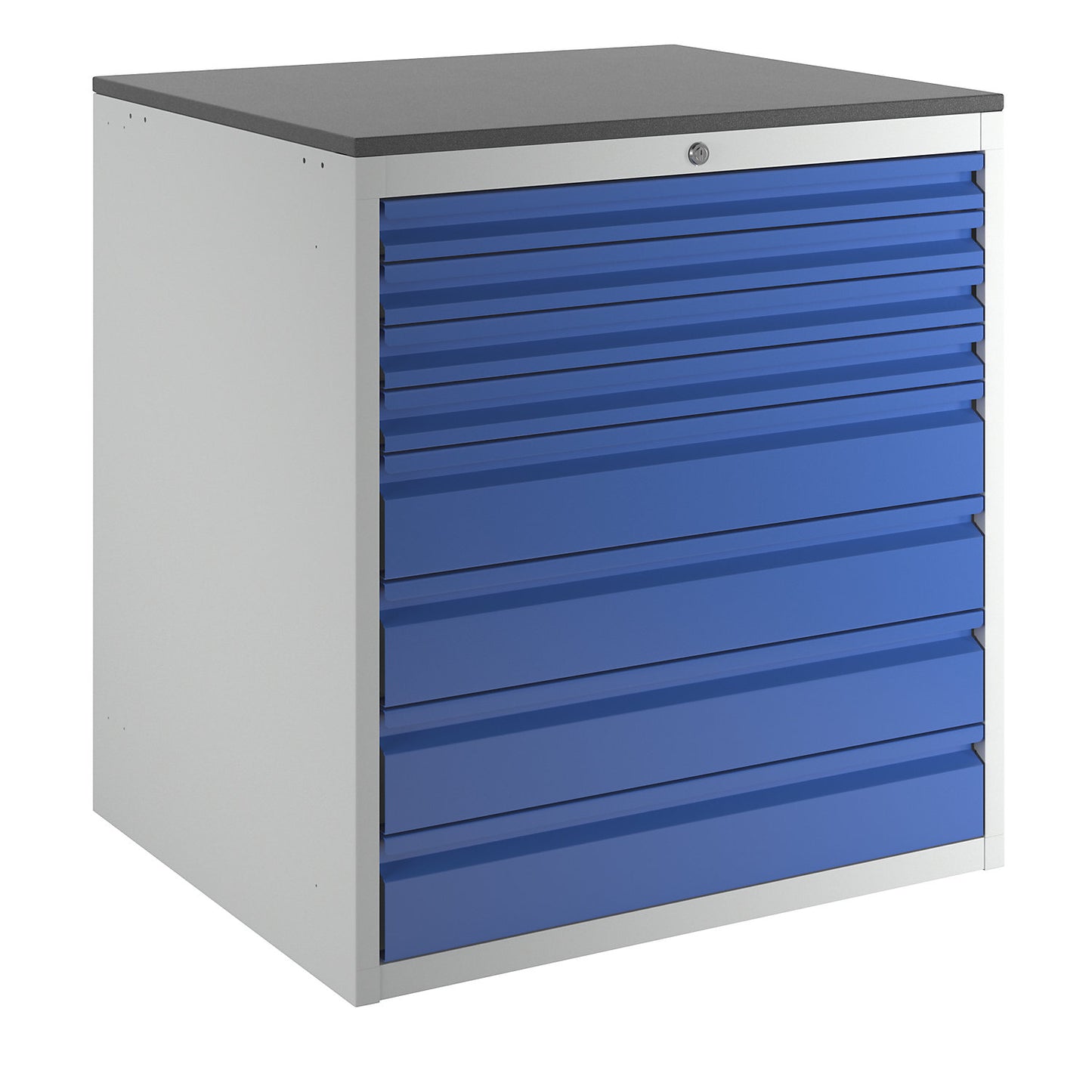 Drawer cupboard with telescopic guides, height 820 mm, drawers: 4 x 60, 4 x 120 mm, light grey / gentian blue, width 770 mm.