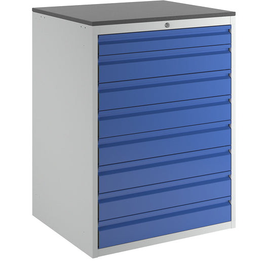 Drawer cupboard with telescopic guides, height 1030 mm, drawers: 1 x 90, 7 x 120 mm, light grey / gentian blue, width 770 mm.