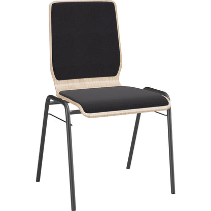NUKI wooden stacking chair, upholstered, powder coated frame, pack of 4, black upholstery.