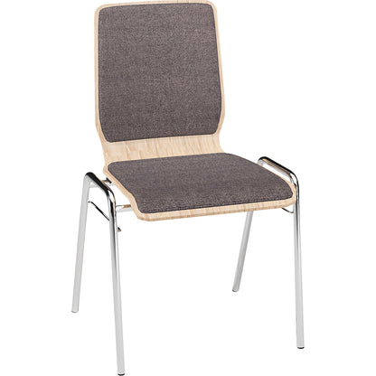 NUKI wooden stacking chair, upholstered, chrome plated frame, pack of 4, grey upholstery.