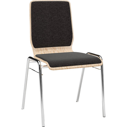 NUKI wooden stacking chair, upholstered, chrome plated frame, pack of 4, black upholstery.
