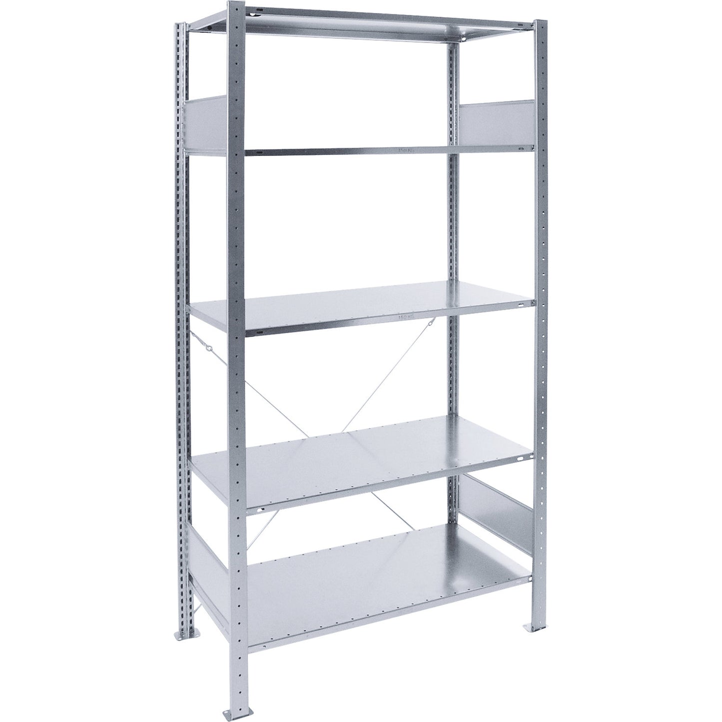 Boltless shelving unit, single row, shelf WxD 1300 x 500 mm, zinc plated, height 2500 mm, standard shelf unit.