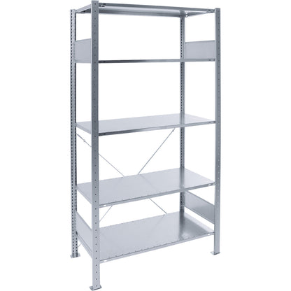 Boltless shelving unit, single row, shelf WxD 1000 x 600 mm, zinc plated, height 2000 mm, standard shelf unit.
