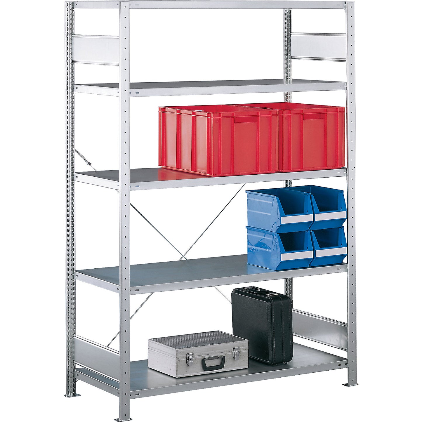 Boltless shelving unit, single row, shelf WxD 1300 x 400 mm, zinc plated, height 2000 mm, standard shelf unit.