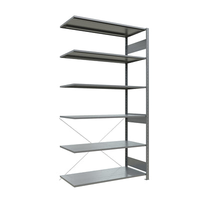 Boltless shelving unit, single row, shelf WxD 1300 x 600 mm, zinc plated, height 2500 mm, extension shelf unit.