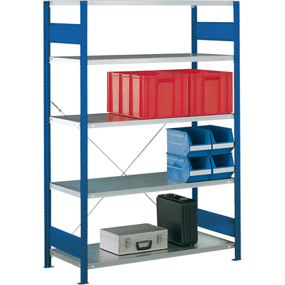 Boltless shelving unit, single row, shelf WxD 1300 x 400 mm, blue, height 2000 mm, standard shelf unit.