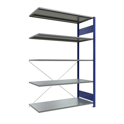 Boltless shelving unit, single row, shelf WxD 1300 x 600 mm, blue, height 2000 mm, extension shelf unit.