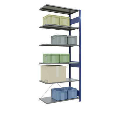 Boltless shelving unit, single row, shelf WxD 1000 x 500 mm, blue, height 2500 mm, extension shelf unit.