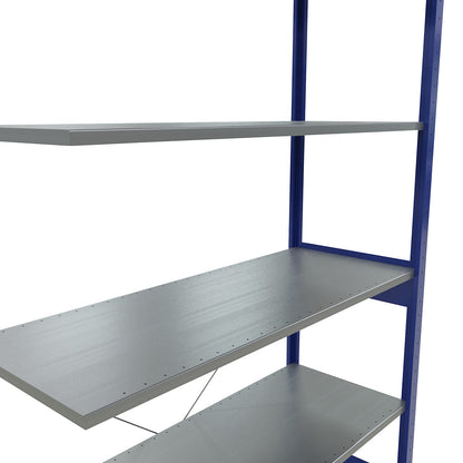 Boltless shelving unit, single row, shelf WxD 1300 x 500 mm, blue, height 2500 mm, extension shelf unit.