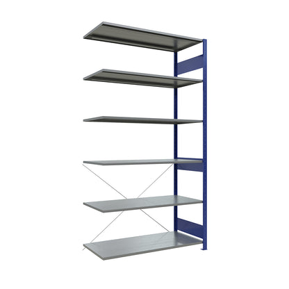 Boltless shelving unit, single row, shelf WxD 1300 x 600 mm, blue, height 2500 mm, extension shelf unit.