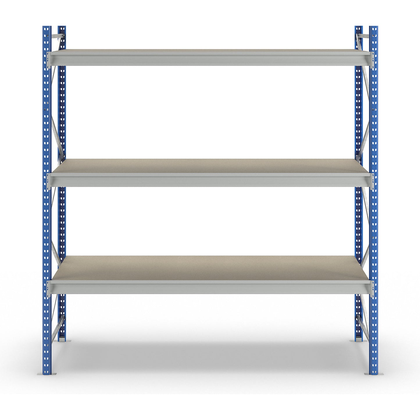Heavy duty wide span shelving with moulded chipboard shelf panels, frame colour blue, HxWxD 2496 x 2410 x 1000 mm, standard shelf unit.