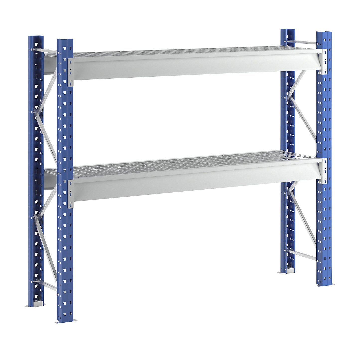 Heavy duty wide span shelving with mesh panel modules, frame colour blue, HxWxD 1996 x 2410 x 600 mm, standard shelf unit.