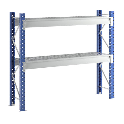 Heavy duty wide span shelving with mesh panel modules, frame colour blue, HxWxD 1996 x 2410 x 600 mm, standard shelf unit.
