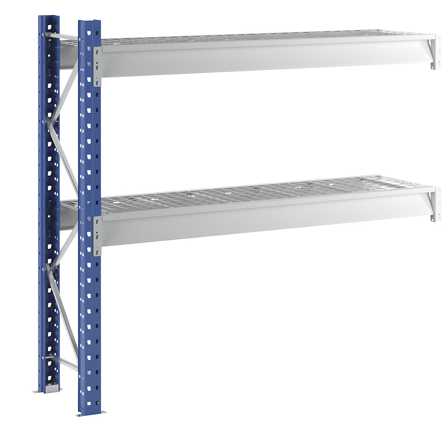 Heavy duty wide span shelving with mesh panel modules, frame colour blue, HxWxD 1996 x 2330 x 600 mm, extension shelf unit.