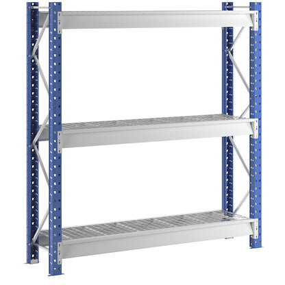 Heavy duty wide span shelving with mesh panel modules, frame colour blue, HxWxD 2496 x 2410 x 600 mm, standard shelf unit.