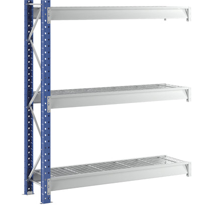 Heavy duty wide span shelving with mesh panel modules, frame colour blue, HxWxD 2496 x 2330 x 600 mm, extension shelf unit.