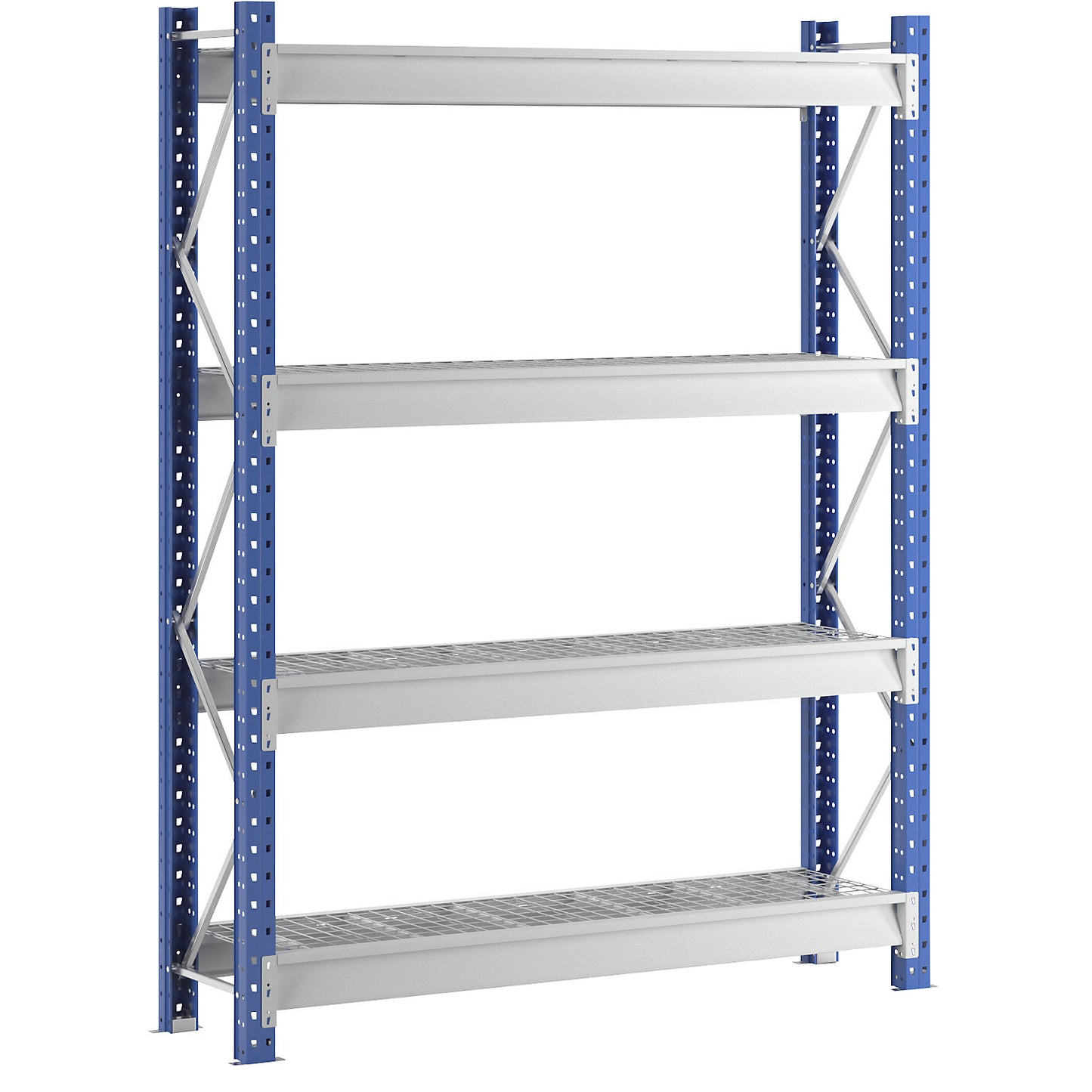 Heavy duty wide span shelving with mesh panel modules, frame colour blue, HxWxD 2996 x 2410 x 600 mm, standard shelf unit.