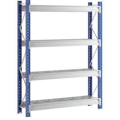 Heavy duty wide span shelving with mesh panel modules, frame colour blue, HxWxD 2996 x 2410 x 600 mm, standard shelf unit.