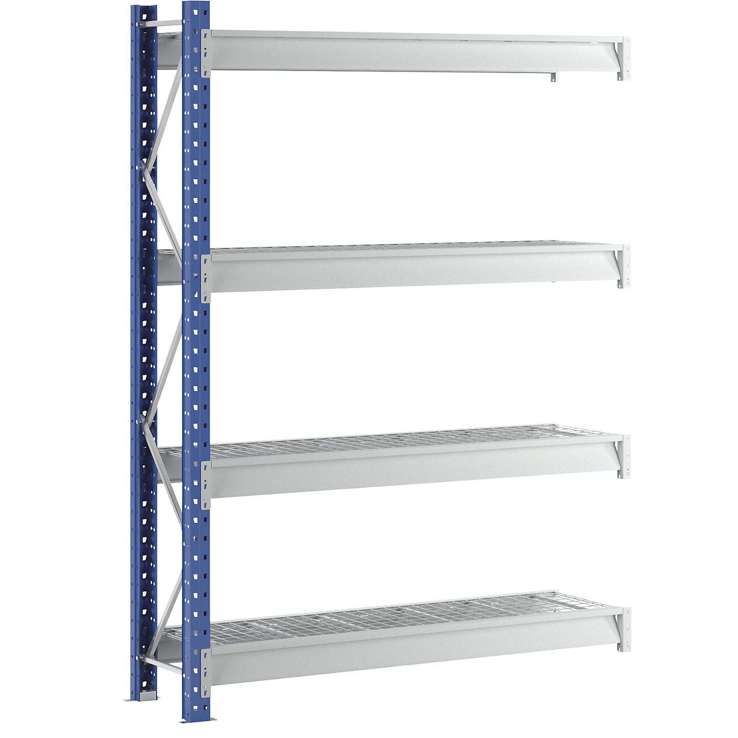 Heavy duty wide span shelving with mesh panel modules, frame colour blue, HxWxD 2996 x 2330 x 600 mm, extension shelf unit.