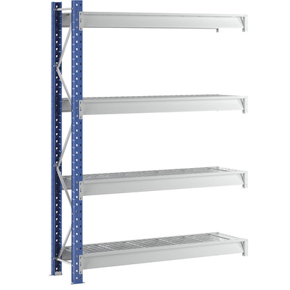 Heavy duty wide span shelving with mesh panel modules, frame colour blue, HxWxD 2996 x 2330 x 600 mm, extension shelf unit.