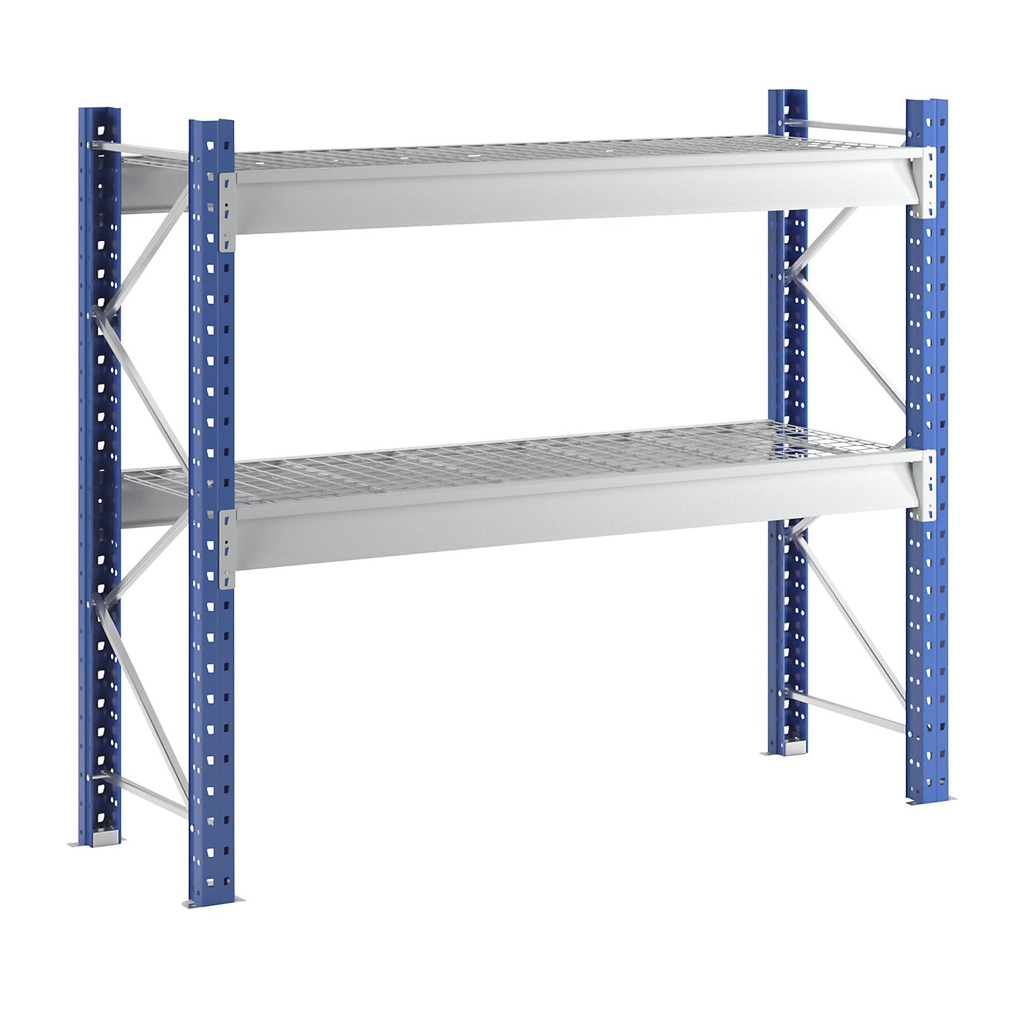 Heavy duty wide span shelving with mesh panel modules, frame colour blue, HxWxD 1996 x 2410 x 800 mm, standard shelf unit.