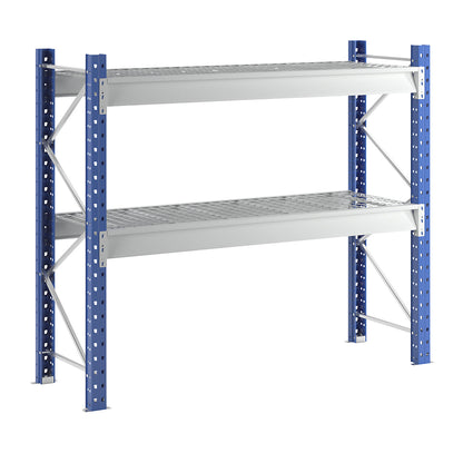 Heavy duty wide span shelving with mesh panel modules, frame colour blue, HxWxD 1996 x 2410 x 800 mm, standard shelf unit.