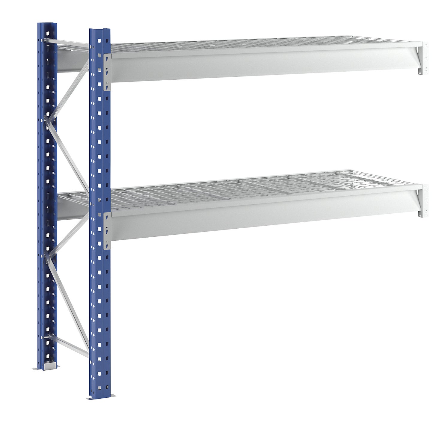 Heavy duty wide span shelving with mesh panel modules, frame colour blue, HxWxD 1996 x 2330 x 800 mm, extension shelf unit.