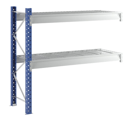 Heavy duty wide span shelving with mesh panel modules, frame colour blue, HxWxD 1996 x 2330 x 800 mm, extension shelf unit.
